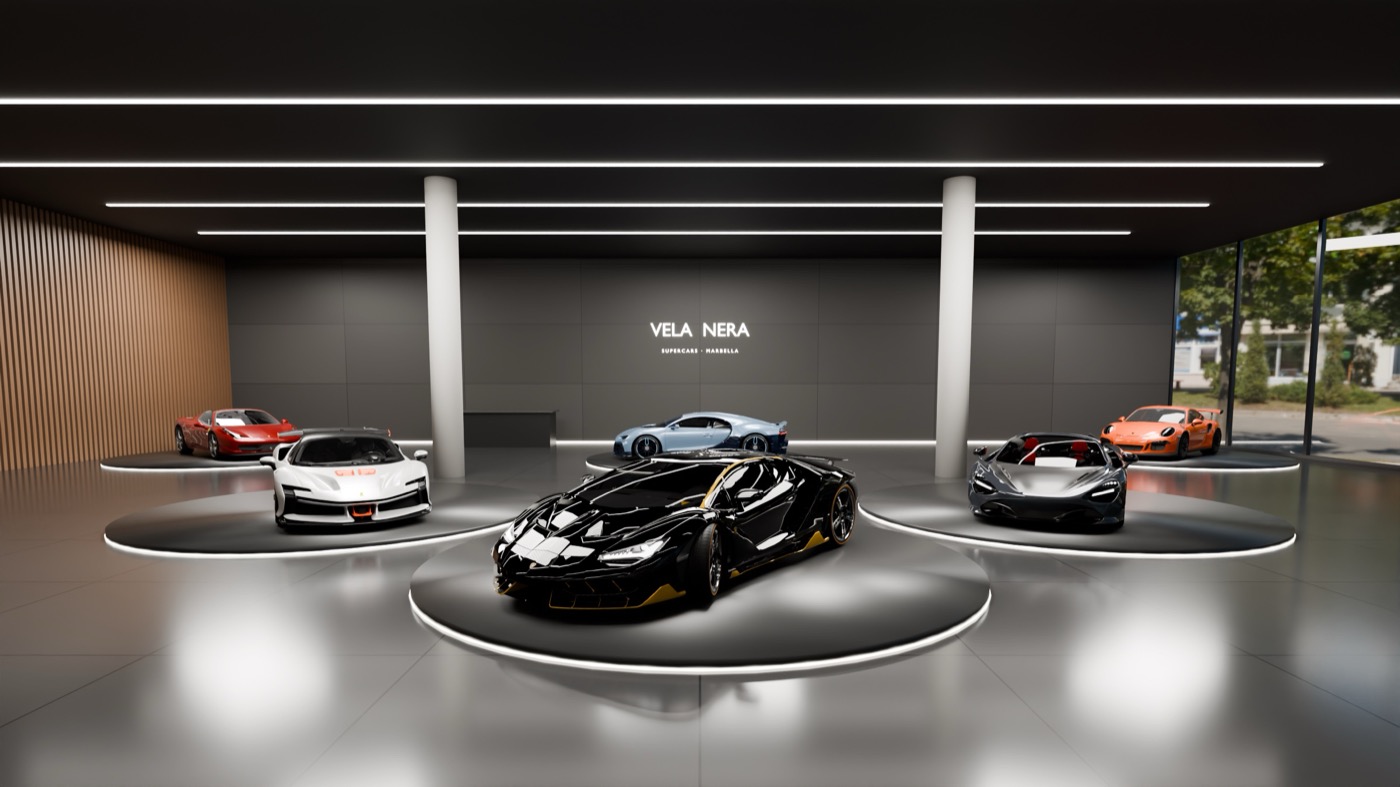 Concesionario de superdeportivos renderizado en 3D con seis coches en exposición